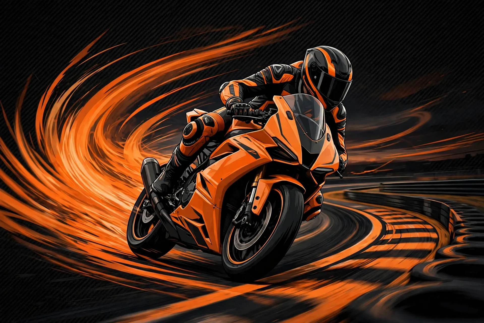 Illustration of a rider on a sport motorcycle leaning into a racetrack corner